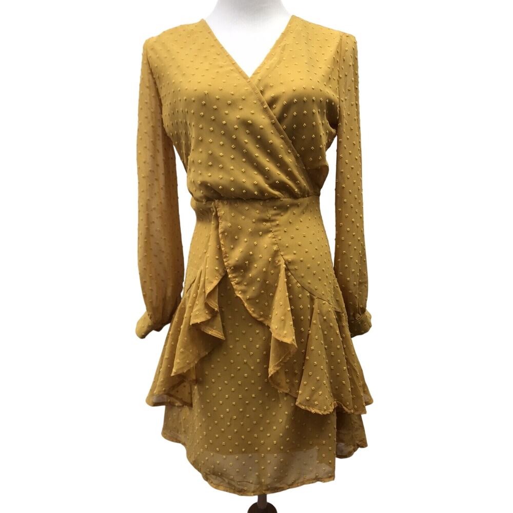 Dress Womens Medium Yellow Wrap Front Tiered Knee Length Lined